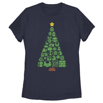 Women's Nintendo Christmas Tree Mosaic T-shirt - Navy Blue - Large : Target