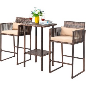 VINGLI 3 PCS Patio Bar Set Wicker, Outdoor Bar Table and Bar Stools with Storage Shelf and Cushions, Bar Height Outdoor Table and Chairs - 1 of 4