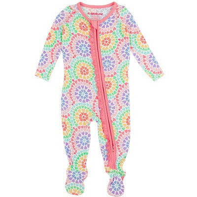 Image of RuffleButts SoftSnooze Viscose from Bamboo Baby Girls Ruffle One Piece Footie Pajama - Kaleidoscope Hearts, 3-6m
