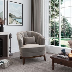 Fabric Barrel Accent Chair with Channel-Tufted Back, Curved Edges and Padded Seat, with Matching Pillow and Sturdy Wooden Legs - 1 of 4