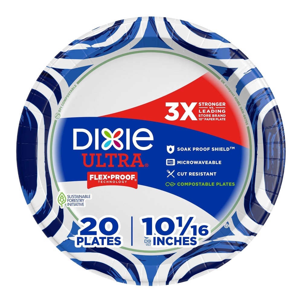 Dixie Ultra 10 1/16" Paper Plates - 20ct: Microwave-Safe, Printed, Heavy Duty, Leak & Cut-Resistant