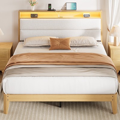 Coucheta Full Size Boucle Bed Frame with Headboard and LED Lights, Upholstered Platform Bed Frame with Charging Station