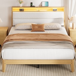 Coucheta Full Size Boucle Bed Frame with Headboard and LED Lights, Upholstered Platform Bed Frame with Charging Station - 1 of 4