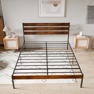 TopComfy Beds Queen Size Rustic Wood Iron Platform Bed Frame Classic Headboard Footboard Durable for Bedroom, Brown, 82.28"*60.63"*39.37" - 1 of 4