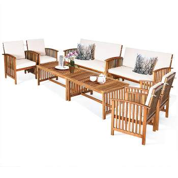 Tangkula 8PCS Wooden Patio Conversation Set Outdoor Furniture Set w/ Cushions