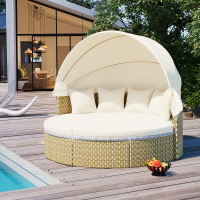 Round Two-Tone Rattan Weave Daybed Sunbed,Outdoor Patio Fabric Upholstered Sectional Sofa,Pool Chaise Lounge with Retractable Canopy-Coolbibila
