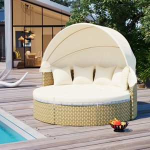 Round Two-Tone Rattan Weave Daybed Sunbed,Outdoor Patio Fabric Upholstered Sectional Sofa,Pool Chaise Lounge with Retractable Canopy-Coolbibila - 1 of 4