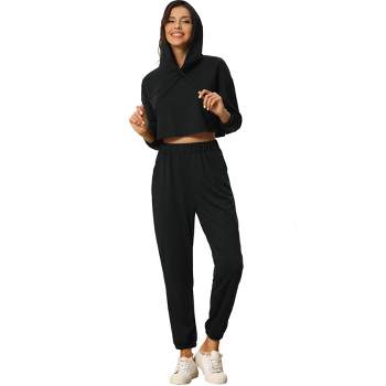 cheibear Womens 2 Piece Outfits Sweatsuit Outfits Hooded Crop Sweatshirt and Jogger Tracksuit Set
