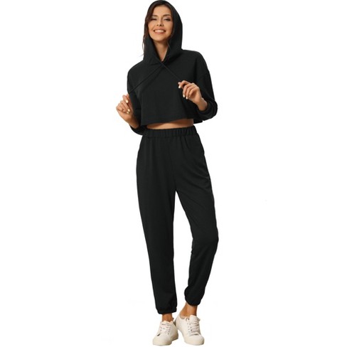 Cheibear Womens 2 Piece Outfits Sweatsuit Outfits Hooded Crop Sweatshirt  And Jogger Tracksuit Set Black Large : Target