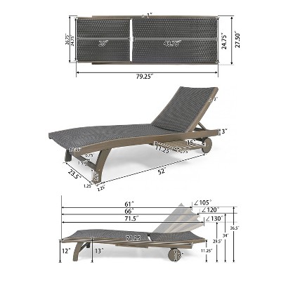 Gray Wicker and Acacia Wood Chaise Lounge Set with Pull-Out Tray