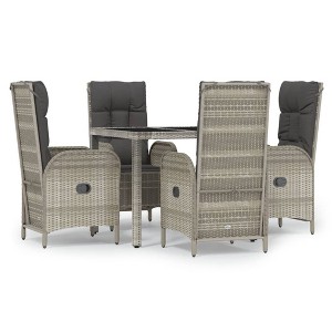 vidaXL Gray Poly Rattan Patio Dining Set - Outdoor Furniture 5 Piece with Reclining Chairs, Tempered Glass Top Table, & Cushions - 1 of 4