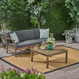 GDFStudio Abena Outdoor Acacia Wood 3 Seater Sofa and Coffee Table Set with Cushions - 1 of 4
