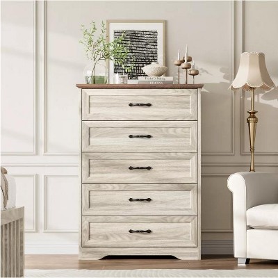 Nasitip 5-Drawer Dresser Farmhouse Storage Cabinet, 44''Tall Chest of Drawers,Large Storage Closet Organizers for LivingRoom, Entryway, Hallway