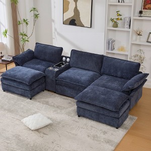 TiramisuBest U Shaped Modular Sectional Sofa Console Wireless Charging Bluetooth Speakers 2 Cup Holders Movable Footstools Chenille 5 Seat - 1 of 4