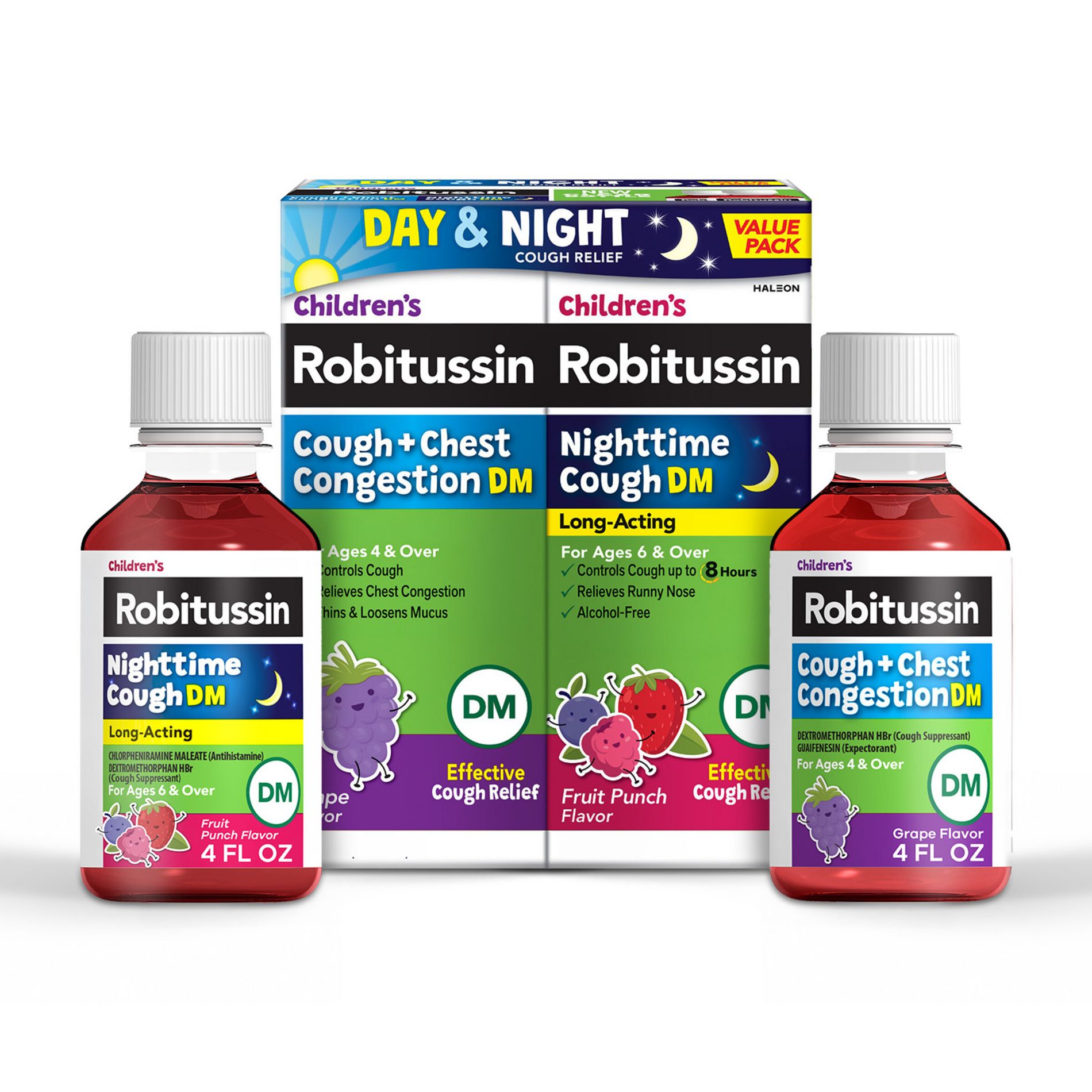 Children's Robitussin Day/Night Cough & Chest Congestion DM: 2-Pack Kids Liquid Medicine, 4 fl oz Each, Dextromethorphan