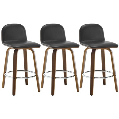 Bekrvio 26" Swivel Counter Height Bar Stools Set of 3 – Mid-Century Modern Upholstered PU Leather & Walnut Bentwood Legs, for Kitchen Island (Black)