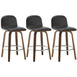 Bekrvio 26" Swivel Counter Height Bar Stools Set of 3 – Mid-Century Modern Upholstered PU Leather & Walnut Bentwood Legs, for Kitchen Island (Black) - 1 of 4