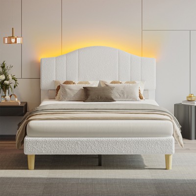 Pinmoco LED Bed Frame, Upholstered Platform Bed with Adjustable Arc Headboard,