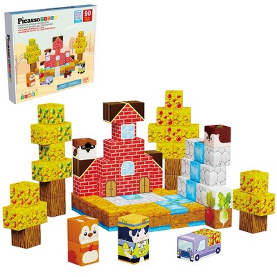 PICASSO-TILES 90 PC Farm Harvesting Theme Magnetic Building Puzzle Cubes Set for Kids Ages 3+