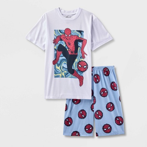 Boys Spider Man 2pc Short Sleeve Top Shorts Pajama Set White Blue XS