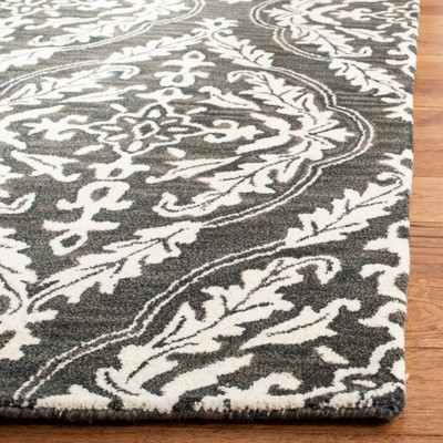 Ivory and Charcoal 6' x 6' Square Handmade Wool Floral Rug