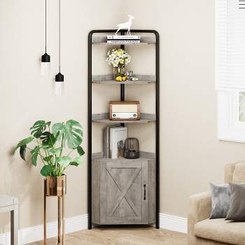 Whizmax Corner Shelf with Cabinet, 5-Tier Industrial Corner Bookshelf, Corner Shelf Stand with Metal Frame for Home Office, Living Room, Bedroom, Gray