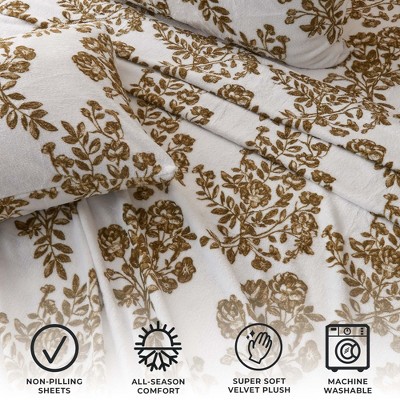 Full Olive Toile Print Velvet Plush Microfiber Sheet Set