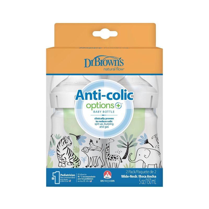 Dr. Brown&#39;s Anti-Colic Options+ Wide-Neck Baby Bottle - Jungle Designs - 5 fl oz/2pk, 2 of 13