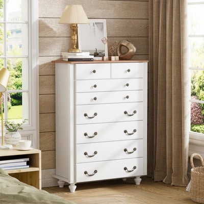 PAKASEPT 43" Farmhouse 8 Drawers Dresser for Bedroom, Tall Wood Chest of Drawers with Vintage Handle for Bedroom, Living Room
