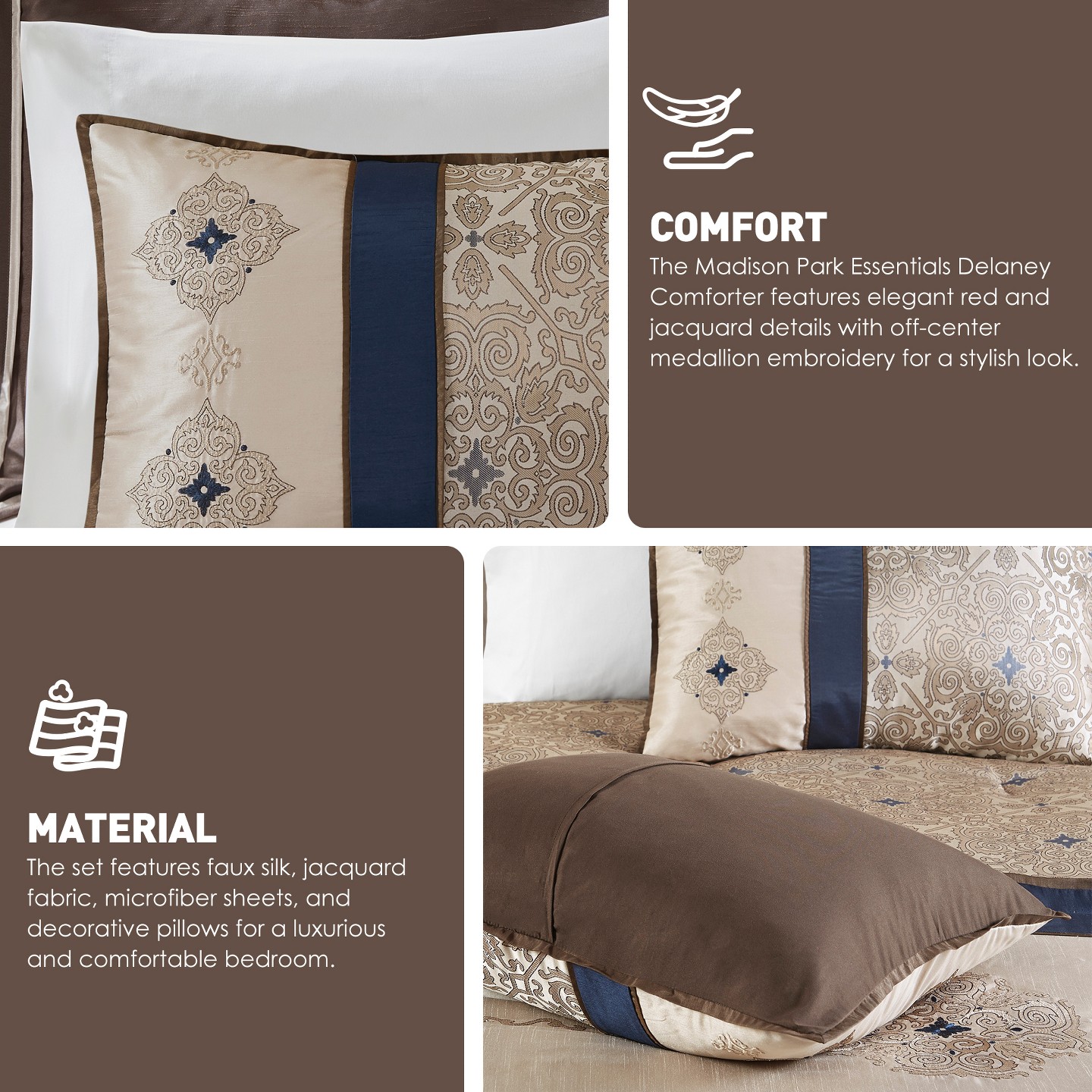 Постельное бельё Regency Heights 24 Pcs Riab Faux Silk Luxury Bedding Set, Classic Palace Style Medallion Jacquard Premium Bed Set with Pillows, Bedskirt and Valances, Navy, цвет: Тёмно-синий — фото 3