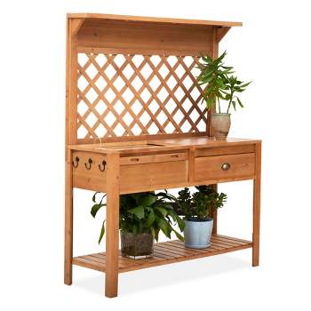 Outsunny Garden Potting Bench, Outdoor Wooden Workstation Table w/ Metal Screen, Drawer, Hooks, Storage Shelf, and Lattice Back for Patio and Porch