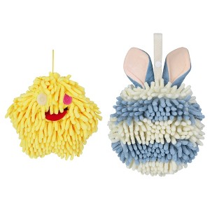 REGALWOVEN 2 Packs Fluffy Chenille Rabbit Shape Cute Soft Absorbent Hanging Ball Hand Towels 7" x 7" - 1 of 4