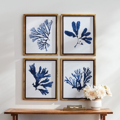 Indigo Seaweed Prints Set with Whitewashed Wood Frames