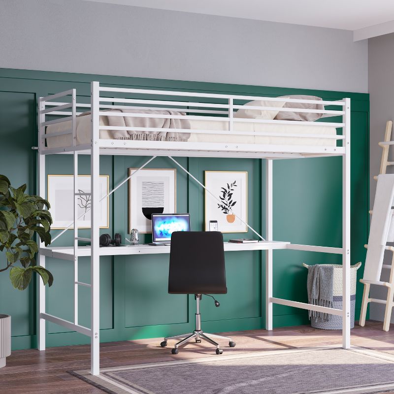 Emma and Oliver Metal Loft Bed Frame with Desk, Protective Guard Rails and Ladder for Kids, Teens and Adults, 2 of 13