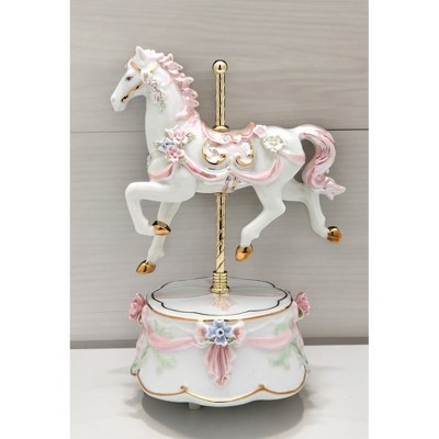Hand-Painted Pink and White Ceramic Carousel Horse Music Box