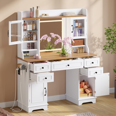 Vanity Desk with Lights and Mirror, 47" Farmhouse Makeup Dressing Table with 5 Drawers, White Storage Organizer for Women's Bedroom, White