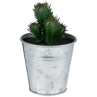 Mini Tropical Green and Red Artificial Cactus in Silver Tin Pot
