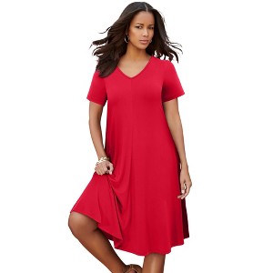 Roaman's Ultrasmooth Plus Size V-Neck Swing Dress – Soft Knit, Flattering Fit - 1 of 4