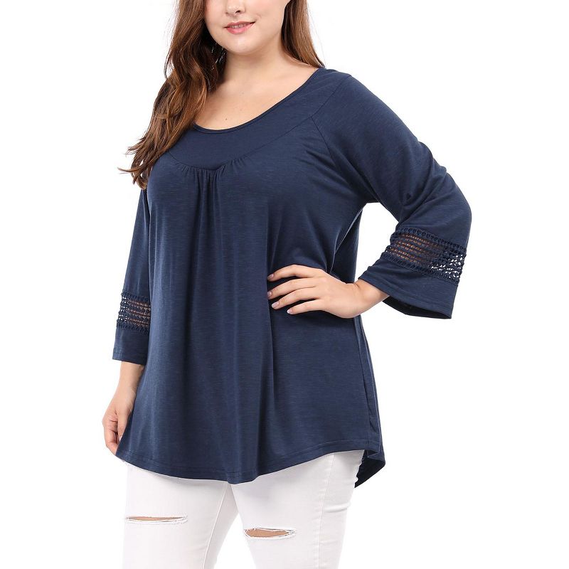 Agnes Orinda Women's Plus Size Crochet Panel Long Sleeves Ruched Front Casual Blouses, 4 of 8