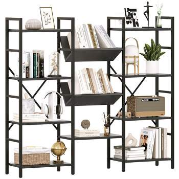 4 Tier Bookshelf, Industrial Bookcase with Storage, Open Large Metal Frame Display Shelves for Living Room, Bedroom, Home Office-Black