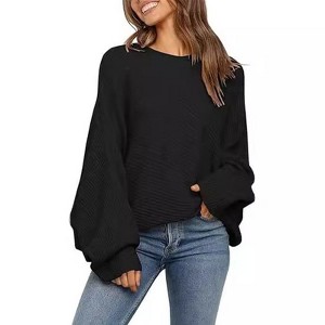 Coolmee Women's Oversized Crewneck Sweater Batwing Puff Long Sleeve Cable Slouchy Pullover Jumper Tops - 1 of 2