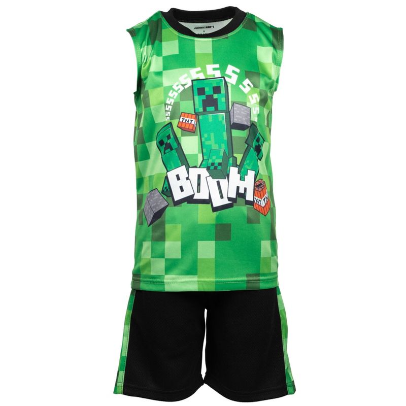 Minecraft Creeper Graphic T-Shirt Tank Top and Mesh Shorts 3 Piece Outfit Set Little Kid to Big Kid, 5 of 10