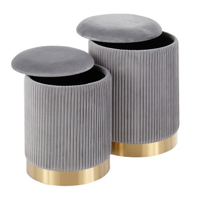 Gray Velvet Pleated Nesting Ottomans with Gold Metal Base