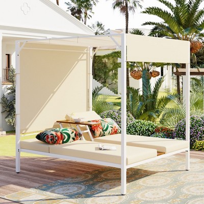 Modern Outdoor Patio Sunbed for Multiple Scenarios, 2-Seater Daybed with Sunshades, Adjustable Backrest and Small Table 4W - ModernLuxe