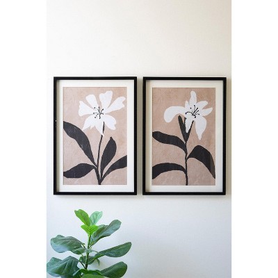 Framed Wall Art, Flower Prints Under Glass 27.5"H – Black & Neutral Set of Two by Kalalou
