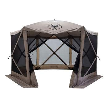 Gazelle Tents G6 8 Person 12' x 12' Pop Up 6 Sided Portable Hub Gazebo Screen Canopy Tent with Large Main Door, Wind Panels, and Screens, Desert Sand