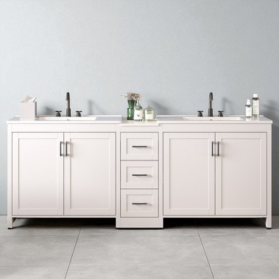 84" Double Sink Bathroom Vanity with Quartz Countertop, Ceramic Sinks, 2 Sliding Drawers,Adjustable Shelves,Freestanding Cabinet