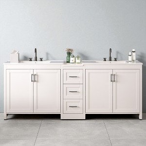 84" Double Sink Bathroom Vanity with Quartz Countertop, Ceramic Sinks, 2 Sliding Drawers,Adjustable Shelves,Freestanding Cabinet - 1 of 4