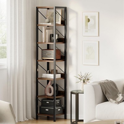 Homhougo Bookshelf Tall Skinny Bookcase 6 Tier Storage Rack Rustic Corner Shelf Brown