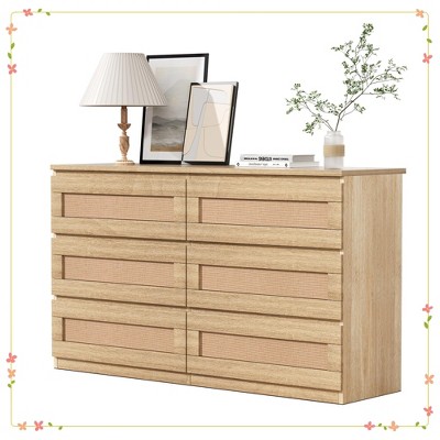 Bedroom Dresser for Small Spaces, Rattan 6 Drawer Dressers, Slim Wooden Chest of Drawers